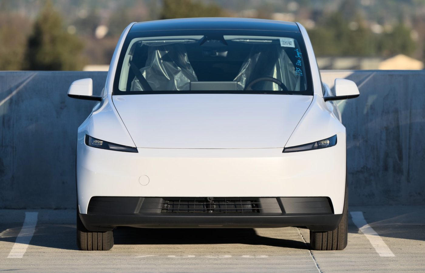 Front view of a white Tesla Model Y Standard