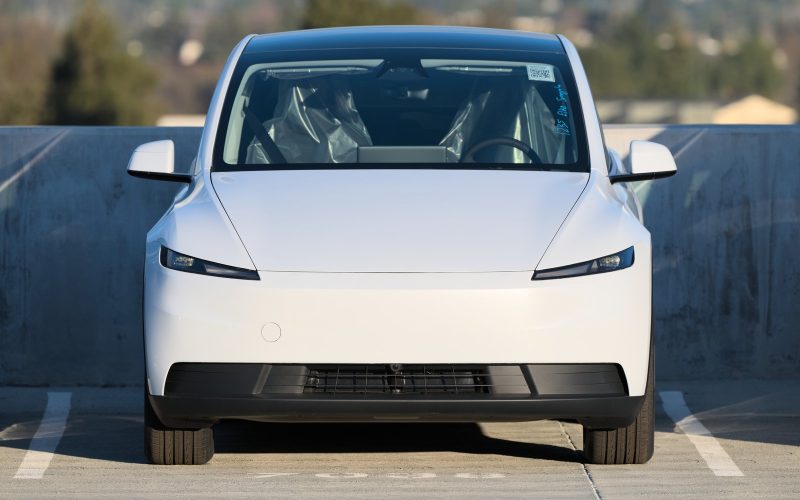 Front view of a white Tesla Model Y Standard